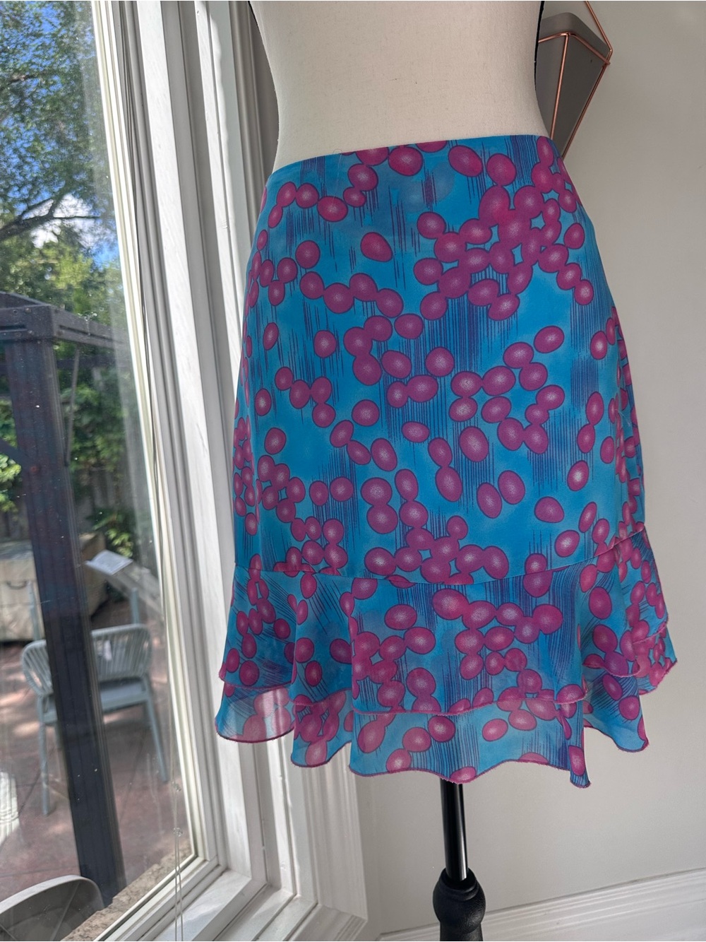 VINTAGE 90s SMART SET Bright Blue & Pink Patterned Ruffle Hem Chiffon Skirt Sz 5 - Picture 3 of 9